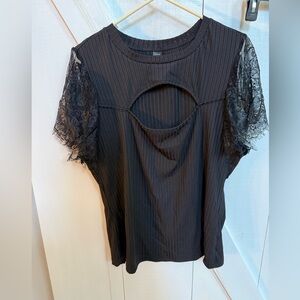 SHEIN Black Ribbed Top with Lace Short Sleeves and Front Cutout